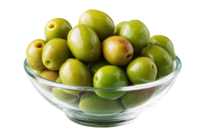 Fresh green olives in glass bowl png
