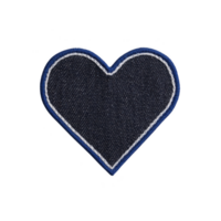 Heart shaped fabric patch with dark gray center and blue border, featuring white stitched outline, isolated on transparency background png