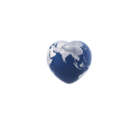 Heart shaped globe with focus on Asia and Europe symbolizes global love and unity. blue and white colors represent oceans and continents, creating harmonious and peaceful image png