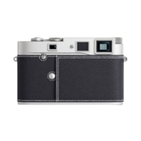 Vintage style camera with black leather texture and silver accents is shown from back, featuring viewfinder and control dials. design is sleek and classic png