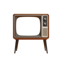 Vintage television with wooden frame and retro design evokes nostalgia. TV has classic style with dials and stands on four legs, reminiscent of mid 20th century models png