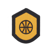 Yellow and black embroidered patch features basketball icon in center, symbolizing sports and team spirit. hexagonal shape adds modern touch to design png