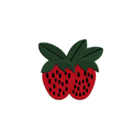 Two embroidered strawberries with green leaves are depicted transparency background, showcasing vibrant and playful design. red strawberries are adorned with small seeds, adding texture and detail png