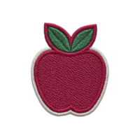 Vibrant embroidered patch of red apple with green leaves, outlined in white, on transparency background. design is simple and colorful, ideal for clothing or accessories png