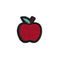 Vibrant embroidered patch of red apple with green leaf, outlined in black, on plain background. design is simple and colorful, ideal for clothing or accessories png