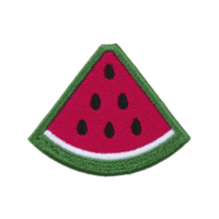 Colorful embroidered patch in shape of watermelon slice with green rind and black seeds on red background. Perfect for adding playful touch to clothing or accessories png