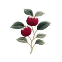 Knitted design of two red apples with green leaves on branch, showcasing intricate craftsmanship and texture. apples have charming, handmade appearance png