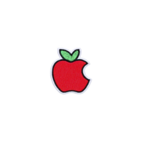 Vibrant red apple patch with bite taken out, featuring green leaf on top, set against transparency background. design is simple and eye catching png