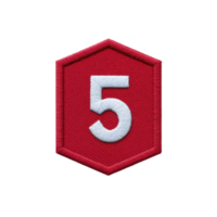 Red hexagonal patch with white number five embroidered in center, symbolizing achievement or rank. patch has textured fabric appearance, often used in uniforms or collectibles png
