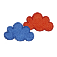 Two colorful felt clouds, one blue and one red, on transparency background, showcasing playful and textured design png