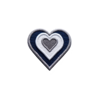 Heart shaped embroidered patch with layered colors of black, white, and gray, symbolizing monochrome theme. patch has textured fabric surface and clean, stitched border png