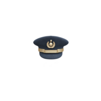 Navy blue pilot cap with gold emblem and trim, symbolizing authority and professionalism, is displayed against plain background. cap design is classic and formal png