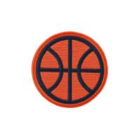 This features round embroidered patch with basketball design, showcasing orange background with black lines. patch is isolated on transparency background png