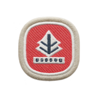 This shows red embroidered patch with white border and central design featuring stylized arrow pointing upwards. Below arrow, there is series of characters. patch has textured fabric appearance png