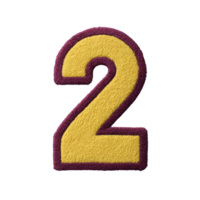 Yellow embroidered number two with maroon border on transparent background, showcasing textured fabric design png