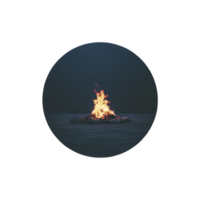 Vibrant bonfire burns brightly on small raft floating in middle of calm, dark body of water, creating striking contrast against night sky png