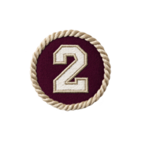 Round embroidered patch with number two in white on maroon background, bordered by rope design png