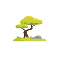 Cartoon tree with lush green foliage stands beside small rock on patch of grass, creating serene and natural scene png