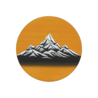 Stylized illustration of snow capped mountains is set against vibrant orange circular background, creating striking contrast. design is simple yet impactful, evoking sense of adventure png