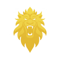 Stylized golden lion head logo with fierce expression, featuring mane that resembles flames, symbolizing strength and power. design is bold and eye catching png