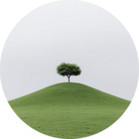 Solitary tree stands atop lush green hill under cloudy sky, creating serene and minimalist landscape. circular framing adds unique artistic touch png