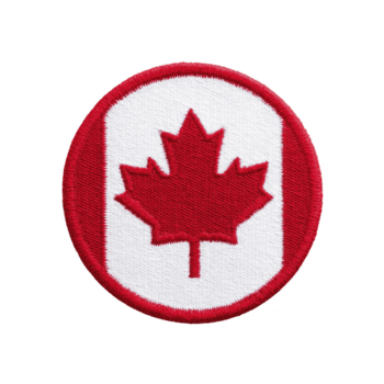 Circular embroidered patch features red maple leaf on transparency background, symbolizing Canada. patch is bordered in red, highlighting national emblem png
