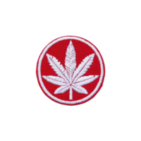 Circular red patch features white cannabis leaf design, symbolizing marijuana culture. embroidered texture adds tactile element, making it suitable for clothing or accessories png