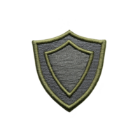Shield shaped embroidered patch with gray center and green border, symbolizing protection and security. patch has textured fabric appearance, suitable for clothing or accessories png