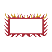 Rectangular frame with fiery design features red and yellow flame like patterns, creating dynamic and bold appearance. frame edges are adorned with sharp, flame shaped extensions png