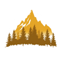 Stylized illustration of mountain range with pine trees in foreground, featuring warm, golden color palette. design evokes sense of adventure and tranquility png