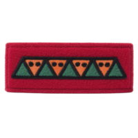 This shows red fabric patch with geometric design featuring alternating green and orange triangles. pattern is simple and symmetrical, creating bold visual effect.Red fabric patch with geometric png