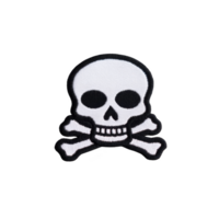 Skull and crossbones patch with white skull and black outline, symbolizing danger or piracy. design is simple and bold, often used for decoration or warning png