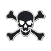 Skull and crossbones patch with transparency background and white border, symbolizing danger or piracy. design is embroidered, giving it textured appearance png