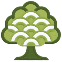 Stylized tree embroidery design with layered green and white patterns, resembling cloud like structure. intricate stitching creates textured, artistic appearance png