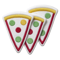 Three embroidered pizza slice patches with colorful toppings create playful and fun design. patches feature red, green, and yellow details on transparency background png