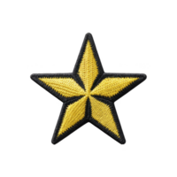 Yellow embroidered star with black outline, symbolizing achievement or rank, is displayed on plain background. design is simple and bold, often used in uniforms or as decorative patch png