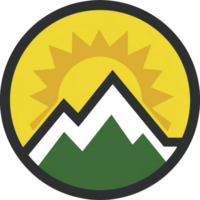 Stylized logo features sun rising behind mountain range, symbolizing nature and adventure. design uses bold colors and simple shapes to convey sense of exploration and energy png