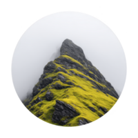 Misty mountain peak covered in vibrant green moss emerges through fog, creating serene and mystical landscape. contrast between dark rock and bright moss adds depth and intrigue png