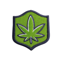 Green embroidered patch features stylized leaf design, outlined in blue, on shield shaped background. patch conveys bold and distinctive appearance png