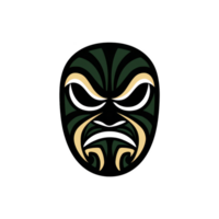 Stylized mask with intricate patterns and bold lines, featuring fierce expression. design incorporates dark green and beige colors, creating striking and cultural appearance png