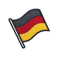 Image shows embroidered patch of German flag, featuring horizontal stripes of black, red, and yellow. patch has textured fabric appearance and border.German flag patch with black, red png