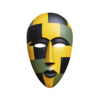 Colorful mask with geometric patterns in yellow, black, and green, creating striking and artistic appearance. mask design is bold and abstract, evoking sense of mystery and creativity png