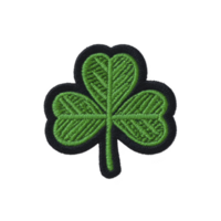 Green embroidered shamrock patch with three leaves on transparency background, symbolizing luck and Irish heritage. detailed stitching adds texture and depth to design png