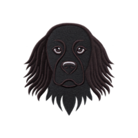 This features embroidered design of dog face with long, flowing ears and calm expression. intricate stitching highlights dog features, giving it textured and detailed appearance. design is set png