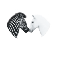 Zebra and white horse face each other against transparency background, highlighting their contrasting colors and patterns. image symbolizes diversity and harmony in nature png
