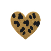 Heart shaped patch with leopard print design, featuring textured surface and black spots on tan background, creating playful and stylish appearance png