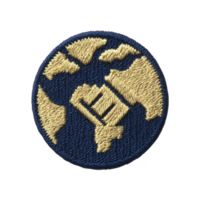 This shows embroidered patch featuring stylized globe design with continents in gold on blue background. patch has circular shape and textured appearance png