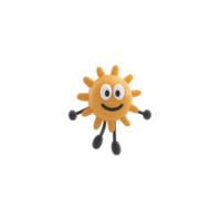 Cute, smiling sun character with cheerful expression and cartoonish limbs, radiating positivity and warmth. sun is depicted in playful, animated style png