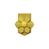 Yellow embroidered badge featuring stylized flower design on rectangular background, symbolizing achievement or recognition. intricate stitching adds texture and depth png