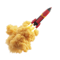 Red and black toy rocket launches with trail of yellow smoke, creating dynamic and playful scene. vibrant colors and motion convey excitement and adventure png